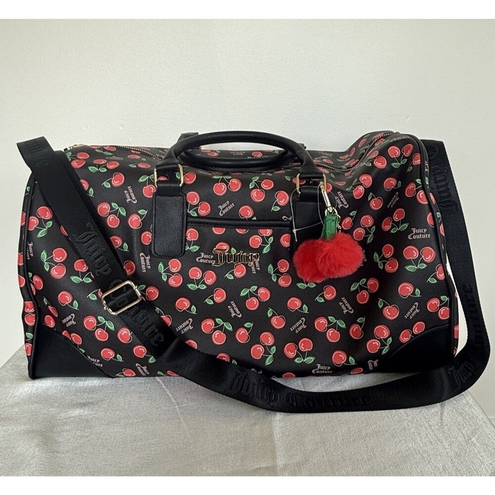 Juicy Couture Cherry On Top Tote Shoulder Weekender Duffel Bag Black & Red NWT